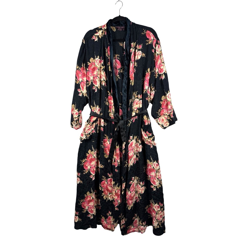April Cornell Women's OS Floral Textured Robe Kimono Tie Long Sleeve Black Rayon